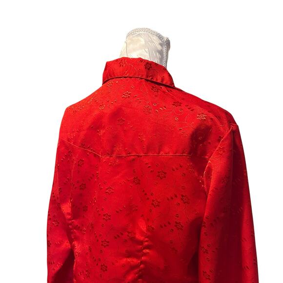 Vintage Panhandle Slim Red Satin Embroidered Floral Ruffle Shirt Womens Sz Large - Picture 13 of 16